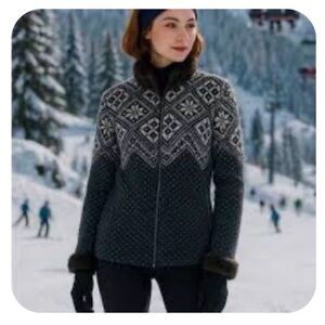 Ralph Lauren Navy and Cream Fair Isle Zip Jacket with Faux Fur Trim